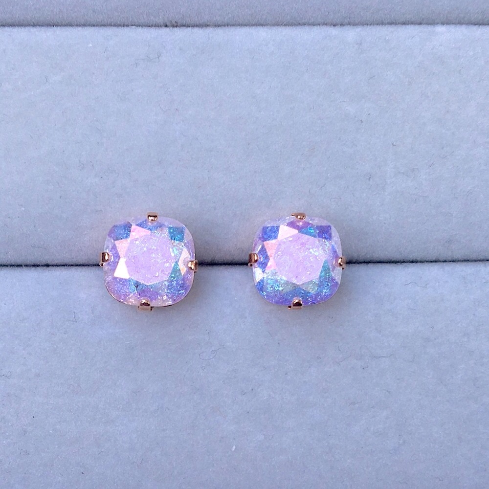 Aurora Borealis Pink Ice + Rose Gold Cushion Cut Crystal Earrings - Picture 8 of 10